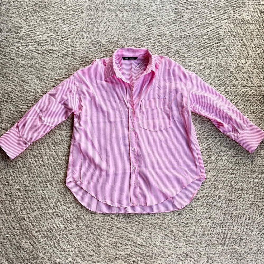 Zara Women's Oversized Shirt in White & Pink Stripe